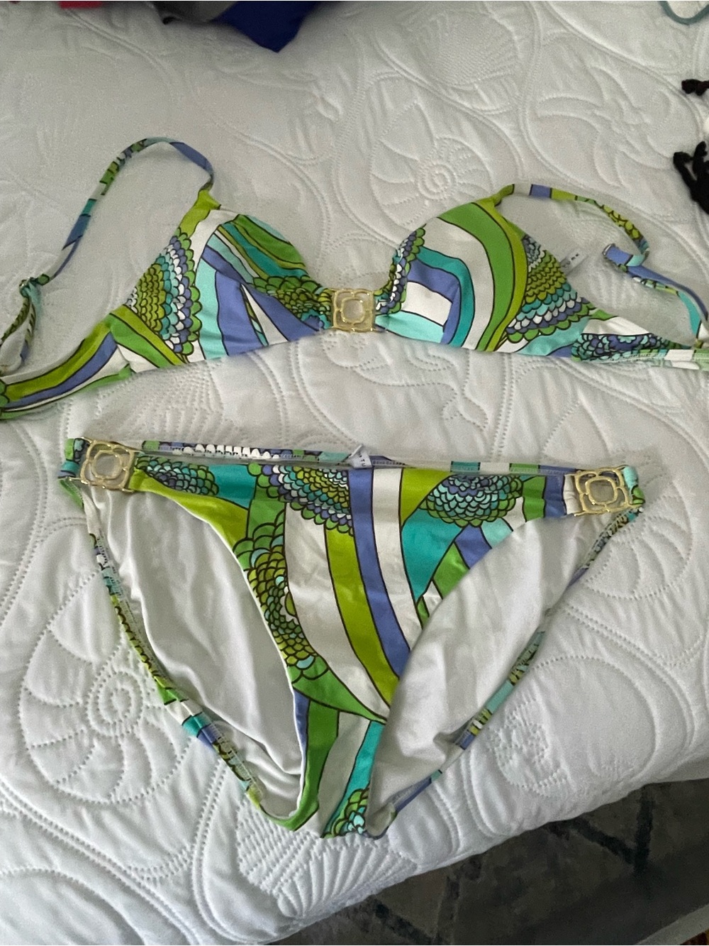 Trina Turk Green Blue White Striped Print Bikini